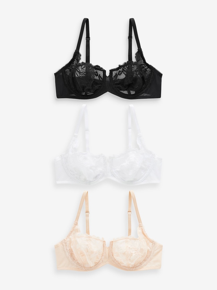 Black/White/Praline Nude Non Pad Balcony Lace Bras 3 Pack A-E - Image 2 of 5