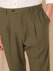 Khaki Green Relaxed Tapered Linen Blend Pleated Front Trousers - Image 1 of 8