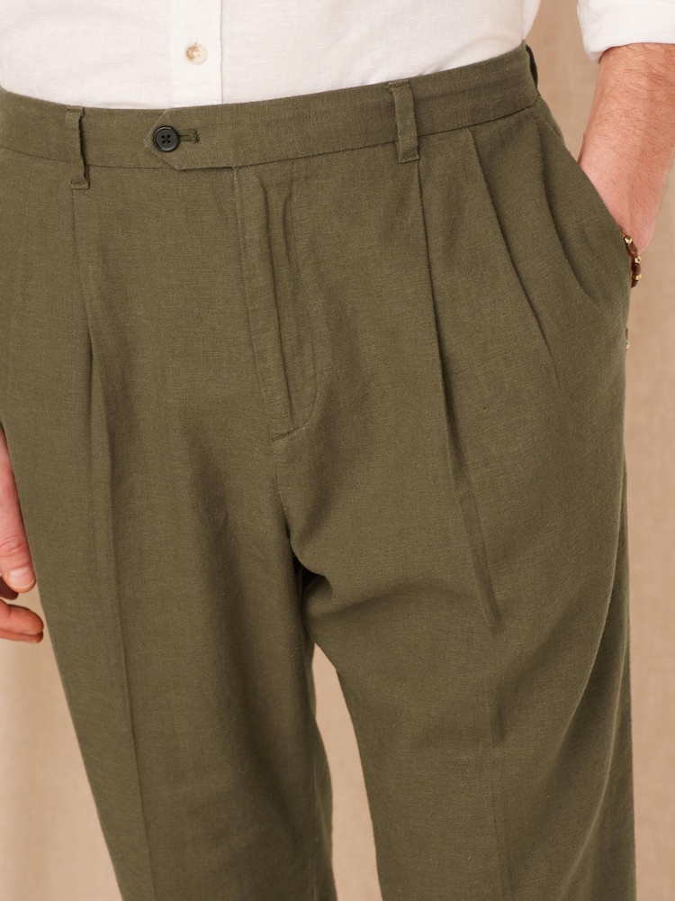 Khaki Green Relaxed Tapered Linen Blend Pleated Front Trousers - Image 1 of 8
