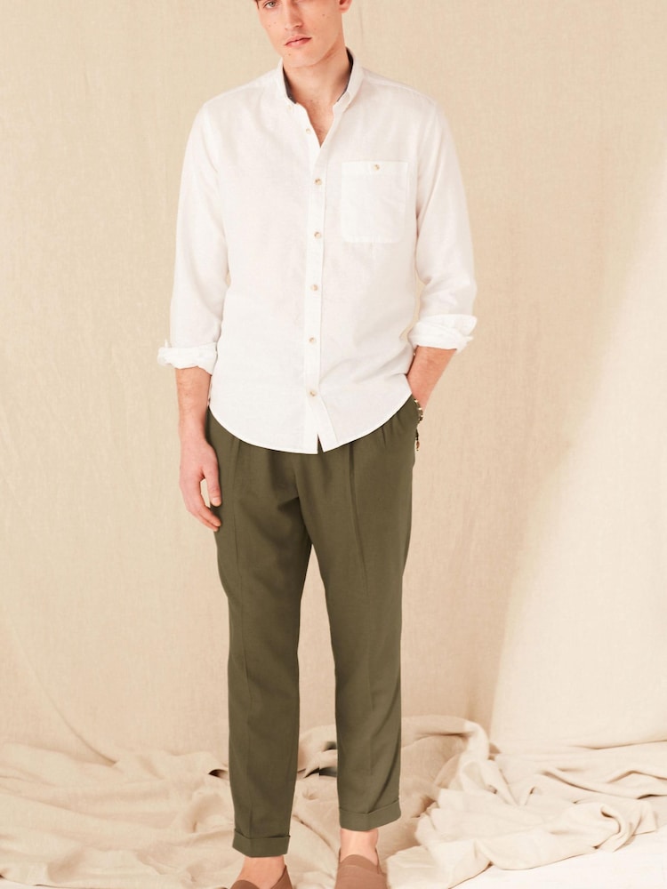 Khaki Green Relaxed Tapered Linen Blend Pleated Front Trousers - Image 2 of 8