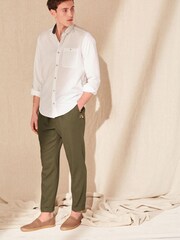 Khaki Green Relaxed Tapered Linen Blend Pleated Front Trousers - Image 3 of 8