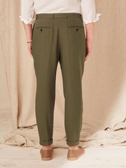 Khaki Green Relaxed Tapered Linen Blend Pleated Front Trousers - Image 4 of 8