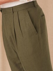 Khaki Green Relaxed Tapered Linen Blend Pleated Front Trousers - Image 5 of 8