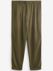 Khaki Green Relaxed Tapered Linen Blend Pleated Front Trousers - Image 7 of 8