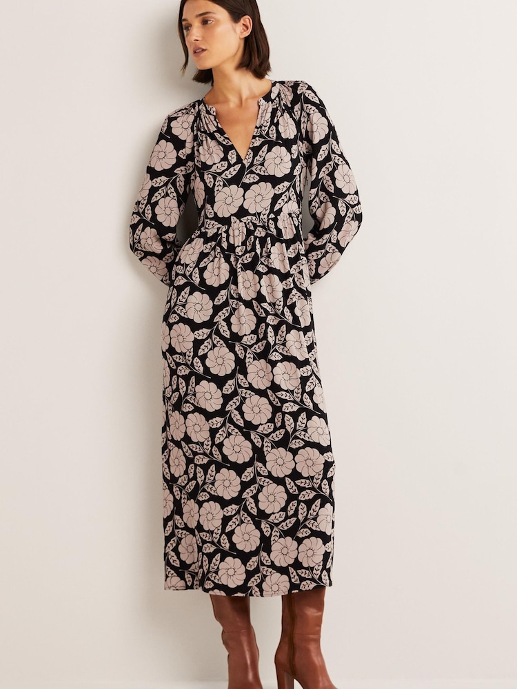 Boden Black Floral Print Notch Neck Tiered Maxi Dress - Image 1 of 1