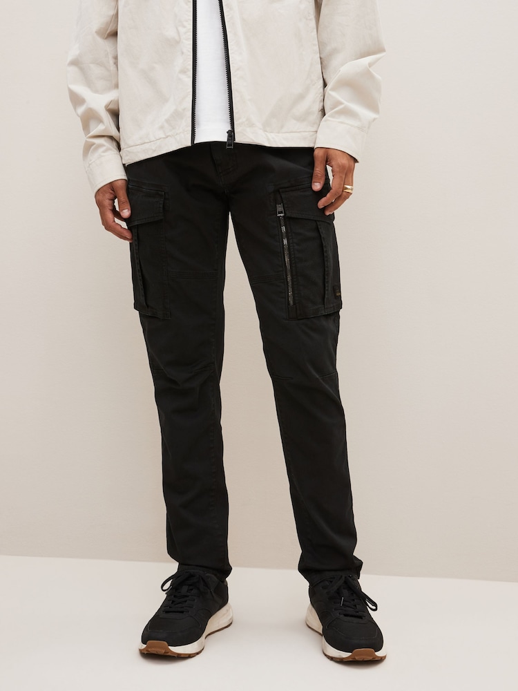 Black Slim Fit Zip Detail Stretch Cargo Trousers - Image 1 of 10