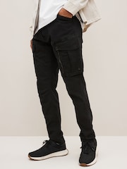 Black Slim Fit Zip Detail Stretch Cargo Trousers - Image 3 of 10