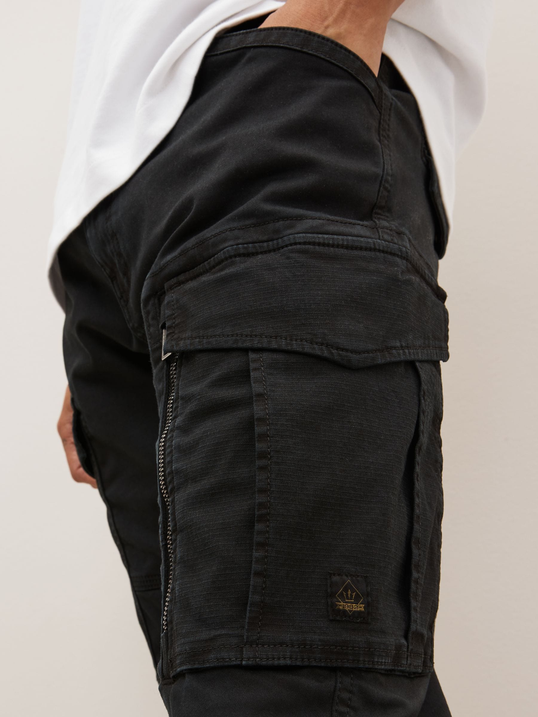 Buy Black Slim Fit Zip Detail Stretch Cargo Trousers from