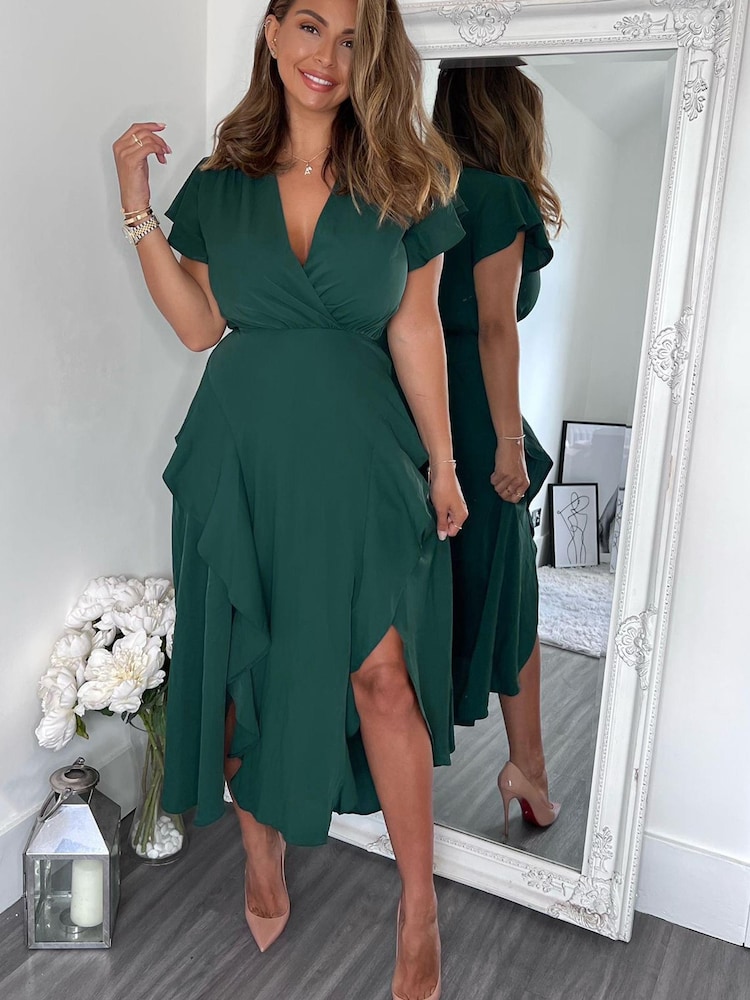 AX Paris Teal Green Frill Detail Double Split Skirt Midi Dress - Image 4 of 4