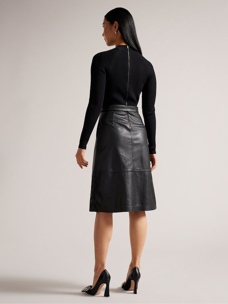 Ted Baker Black Alltaa Knitted Bodice Dress With Pleather Skirt - Image 2 of 6
