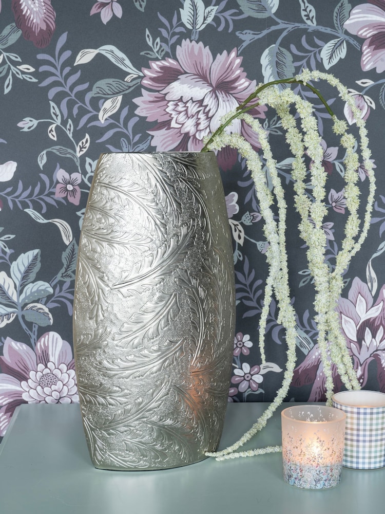 Laura Ashley Pewter Grey Winspear Leaf Embossed Decorative Vase - Image 1 of 5