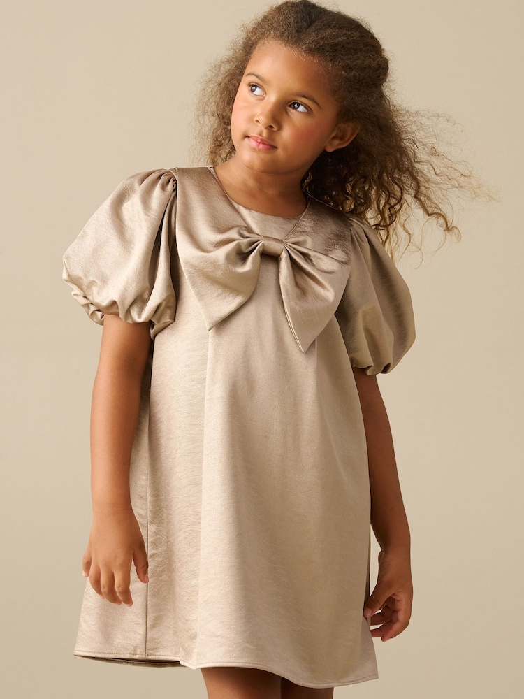 Angel & Rocket Natural Nadia Satin Puff Sleeve Bow Collar Shift Dress - Image 1 of 4