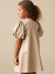 Angel & Rocket Natural Nadia Satin Puff Sleeve Bow Collar Shift Dress - Image 2 of 4