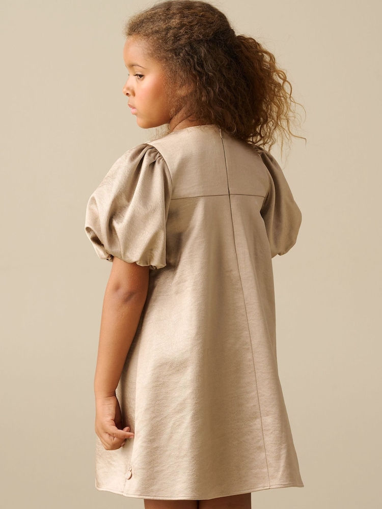 Angel & Rocket Natural Nadia Satin Puff Sleeve Bow Collar Shift Dress - Image 2 of 4