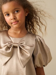 Angel & Rocket Natural Nadia Satin Puff Sleeve Bow Collar Shift Dress - Image 3 of 4