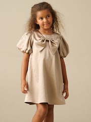 Angel & Rocket Natural Nadia Satin Puff Sleeve Bow Collar Shift Dress - Image 4 of 4