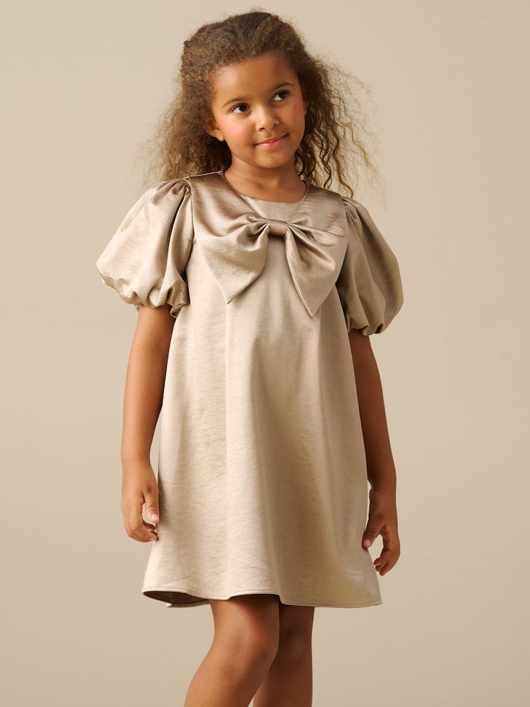 Angel & Rocket Natural Nadia Satin Puff Sleeve Bow Collar Shift Dress - Image 4 of 4