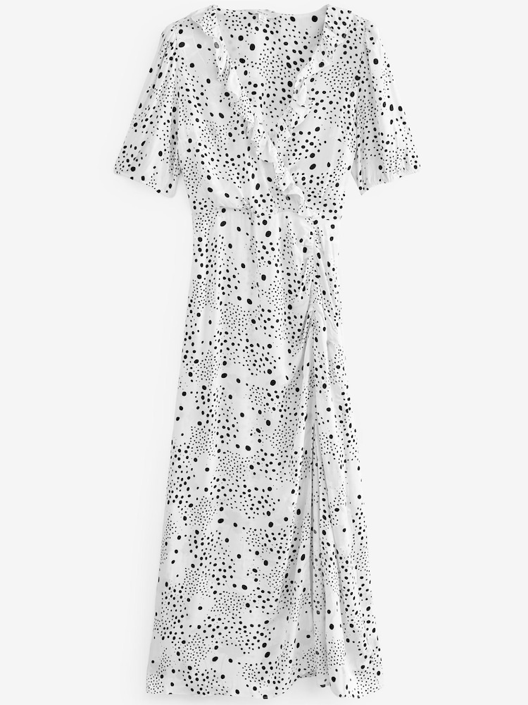 Black/White Spot Satin Jacquard Wrap Midi Dress - Image 5 of 5 Black/White Spot Satin Jacquard Wrap Midi Dress - Image 5 of 5