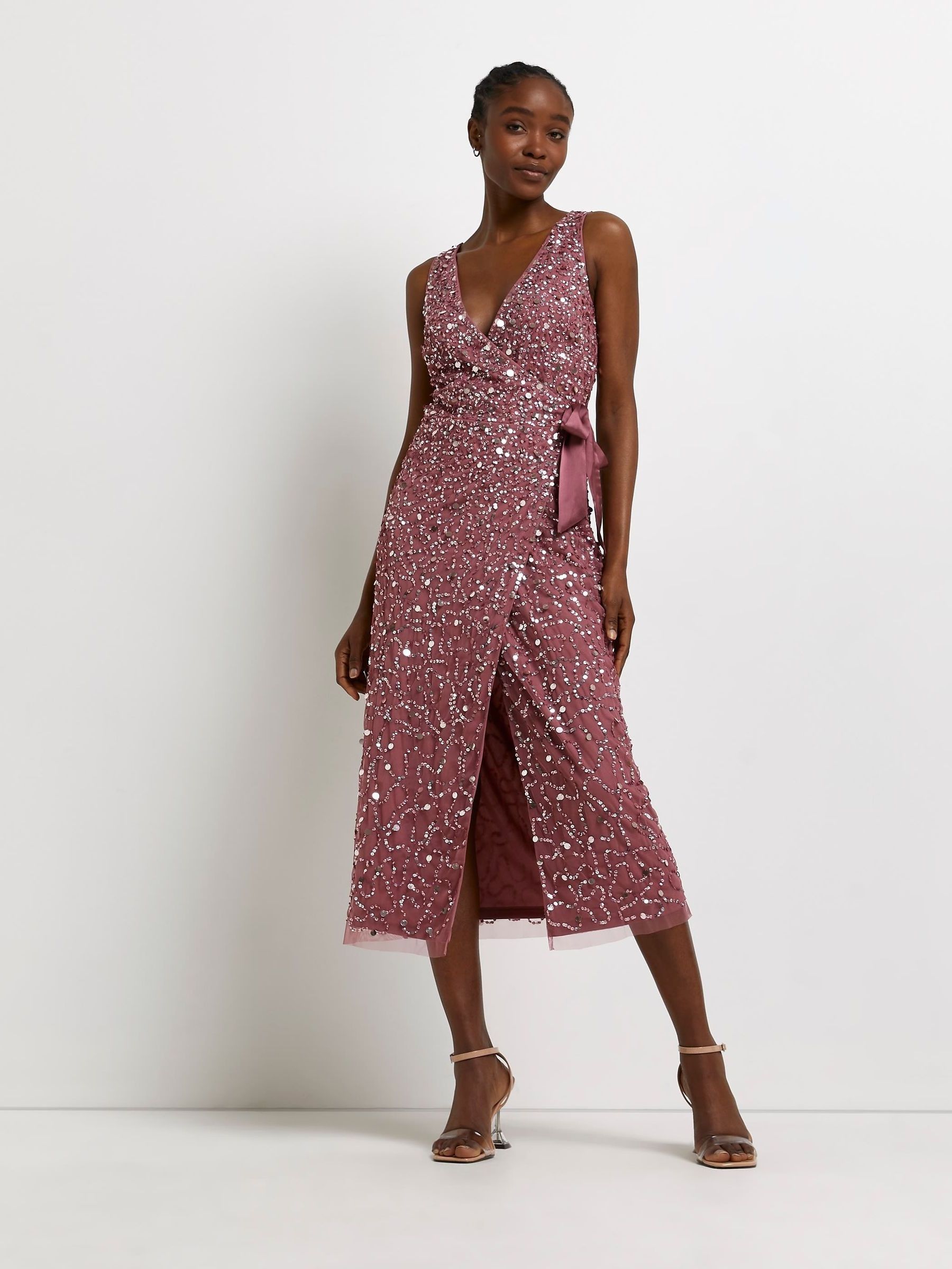 Buy River Island Pink Sequin Tie Wrap Dress from Next Oman