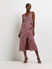 River Island Pink Sequin Tie Wrap Dress - Image 1 of 4