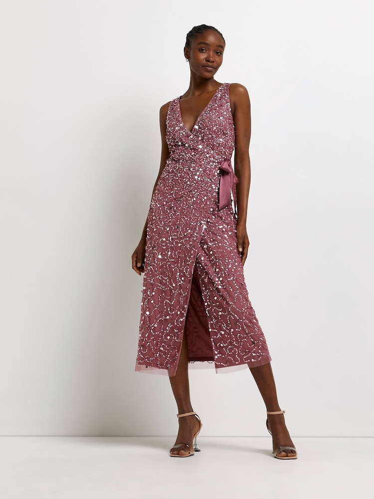 River Island Pink Sequin Tie Wrap Dress - Image 1 of 4