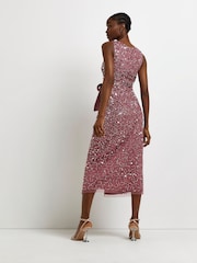 River Island Pink Sequin Tie Wrap Dress - Image 2 of 4
