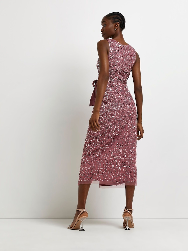 River Island Pink Sequin Tie Wrap Dress - Image 2 of 4 River Island Pink Sequin Tie Wrap Dress - Image 2 of 4