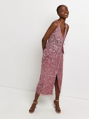 River Island Pink Sequin Tie Wrap Dress - Image 3 of 4