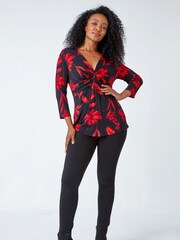 Roman Red Petite Knot Front Floral Print Top - Image 3 of 5