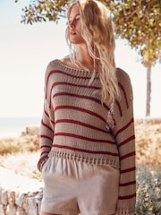 Neutral and Red Stripe Stitch Long Sleeve Jumper - Image 1 of 6