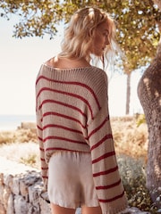 Neutral and Red Stripe Stitch Long Sleeve Jumper - Image 3 of 6