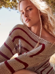 Neutral and Red Stripe Stitch Long Sleeve Jumper - Image 4 of 6