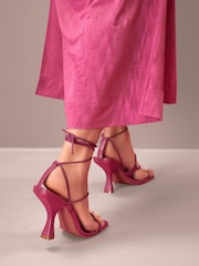 Pink Signature Leather Strappy Square Toe Heels - Image 3 of 4