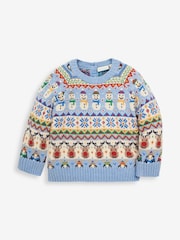 JoJo Maman Bébé Blue Kids' Snowman Fairisle Pattern Jumper - Image 1 of 5