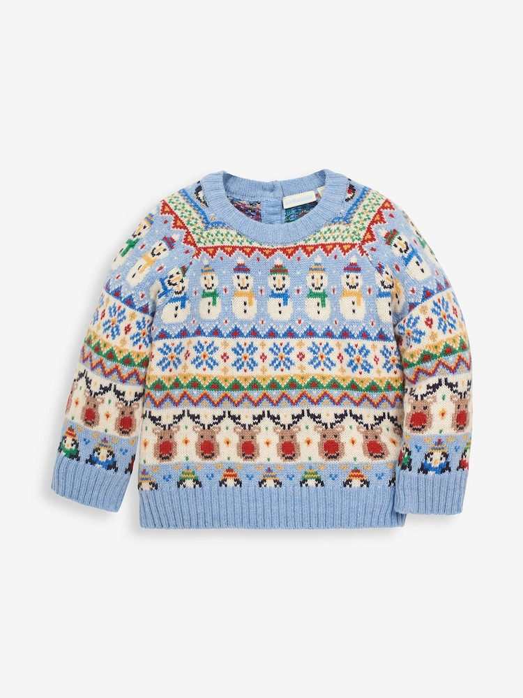 JoJo Maman Bébé Blue Kids' Snowman Fairisle Pattern Jumper - Image 1 of 5