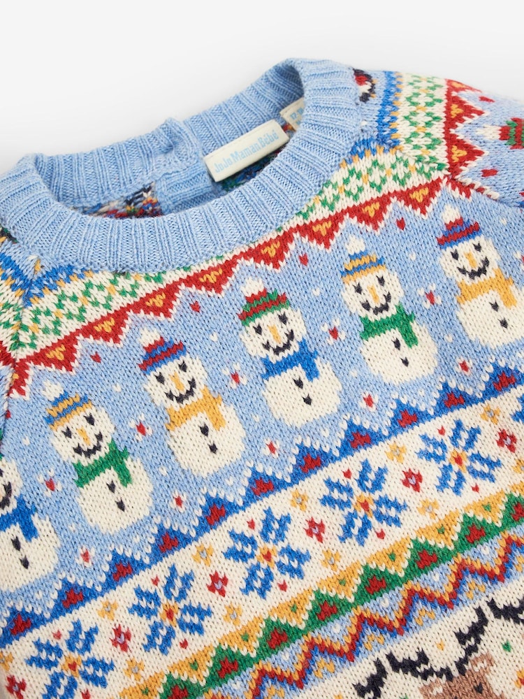 JoJo Maman Bébé Blue Kids' Snowman Fairisle Pattern Jumper - Image 2 of 5