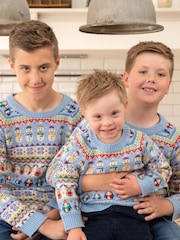 JoJo Maman Bébé Blue Kids' Snowman Fairisle Pattern Jumper - Image 4 of 5