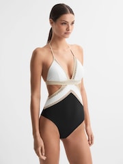 Reiss Black/White Savannah Lattice Halterneck Swimsuit - Image 1 of 5
