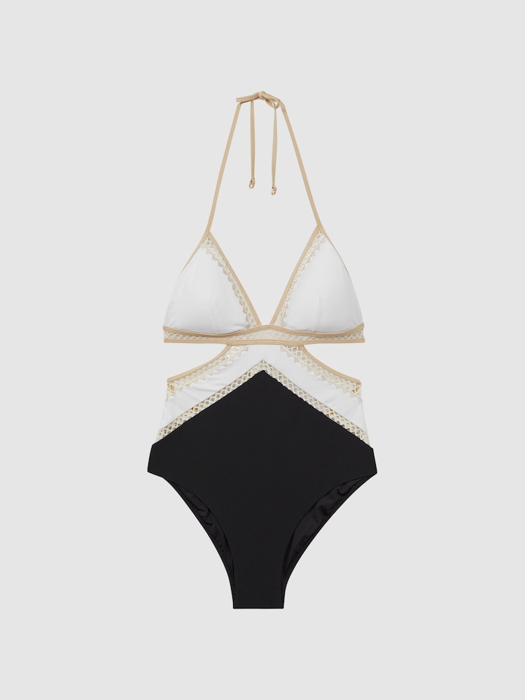 Reiss Black/White Savannah Lattice Halterneck Swimsuit - Image 2 of 5