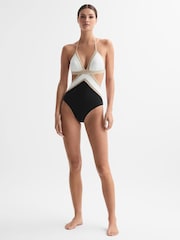 Reiss Black/White Savannah Lattice Halterneck Swimsuit - Image 3 of 5