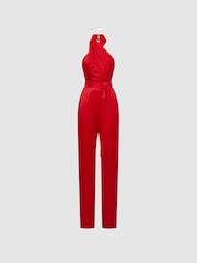 Rojo - Mono largo ajustado con cuello halter de satén Jules de Reiss - Imagen 2 de 5