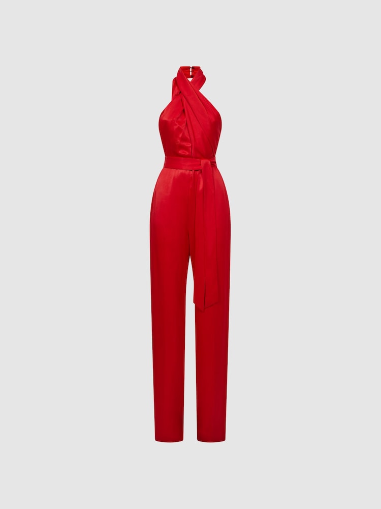 Rojo - Mono largo ajustado con cuello halter de satén Jules de Reiss - Imagen 2 de 5