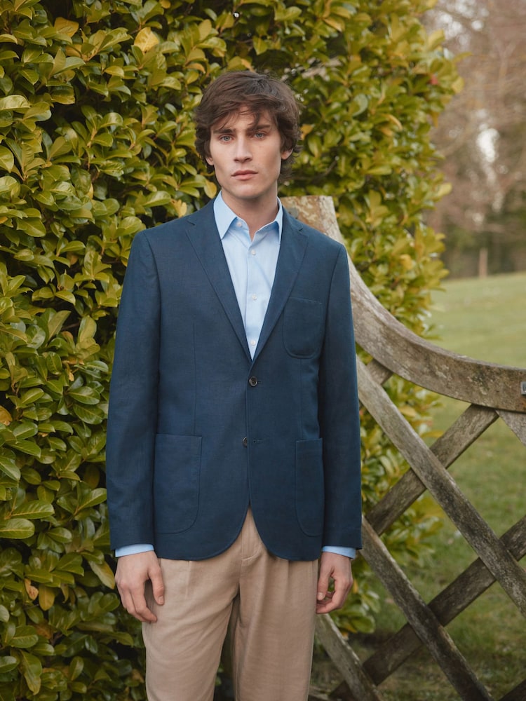 Navy Blue Slim Fit Linen Blend Blazer - Image 1 of 13