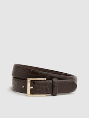 Reiss Chocolate Albany Leather Crocodile Print Belt - Image 1 of 5