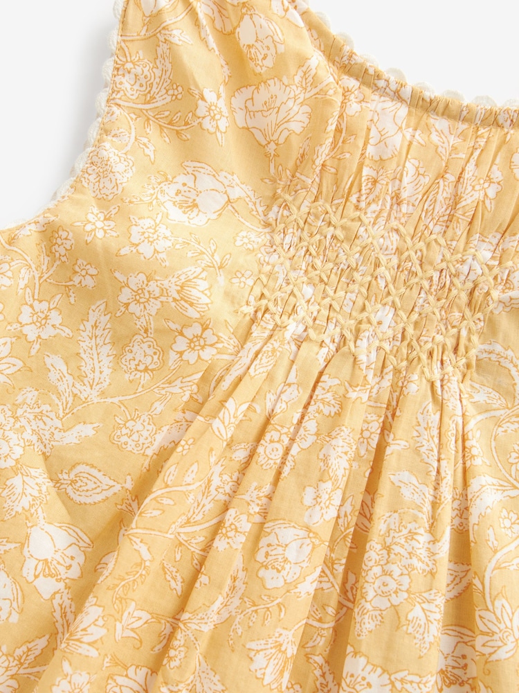 Gelb mit Blumenmuster - Gesmoktes Baumwollkleid (3 Monate bis 8 Jahre) - Bild 7 von 7