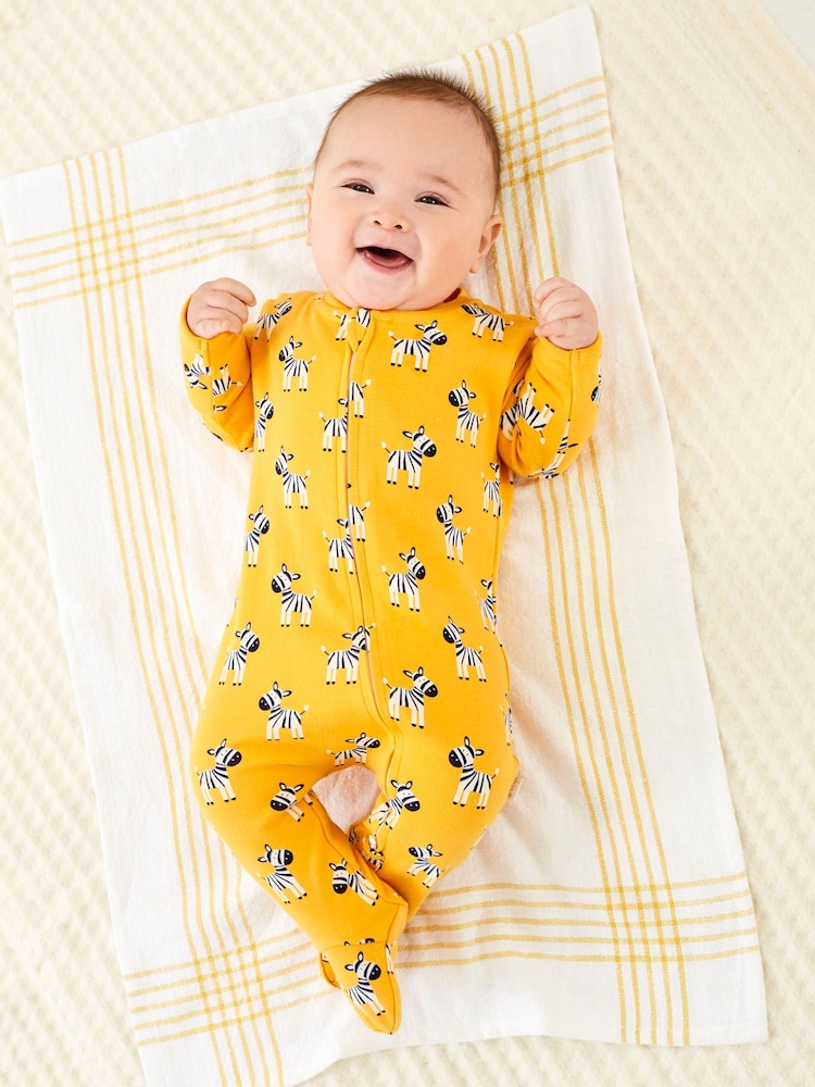 JoJo Maman Bébé Yellow Zebra Print Zip Cotton Baby Sleepsuit - Image 1 of 4