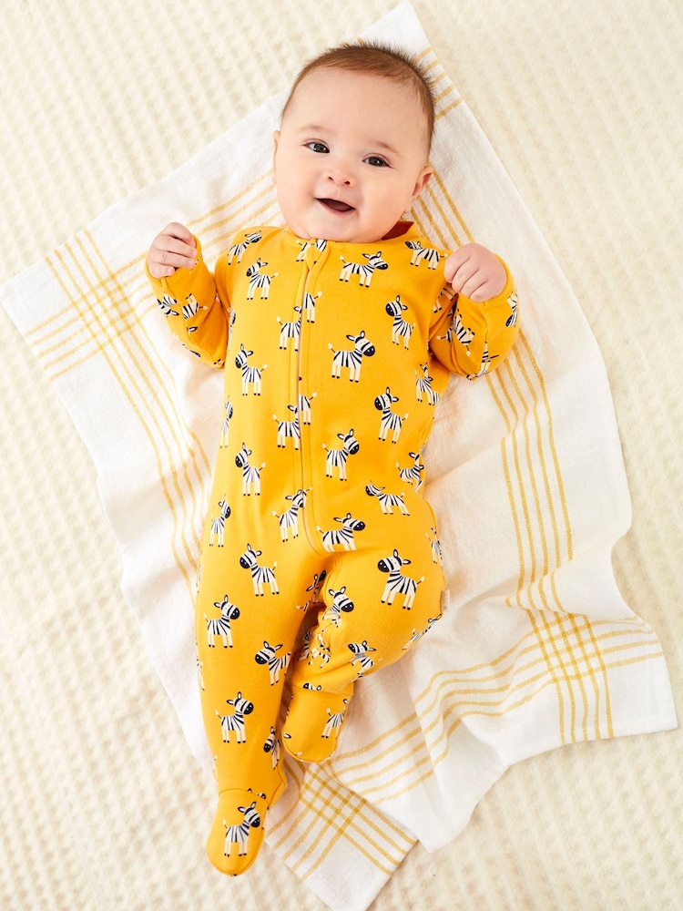 JoJo Maman Bébé Yellow Zebra Print Zip Cotton Baby Sleepsuit - Image 2 of 4