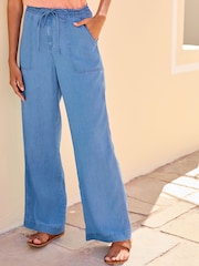 Bright Blue Lyocell Tie Waist Wide Leg Trousers - Image 2 of 5