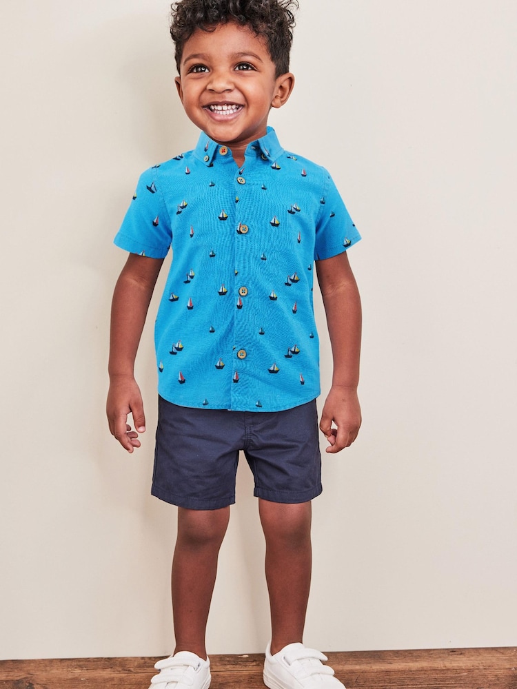 Blue Boat Print Short Sleeve Linen Cotton Shirt (3mths-7yrs) - Image 1 of 5