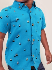 Blue Boat Print Short Sleeve Linen Cotton Shirt (3mths-7yrs) - Image 3 of 5